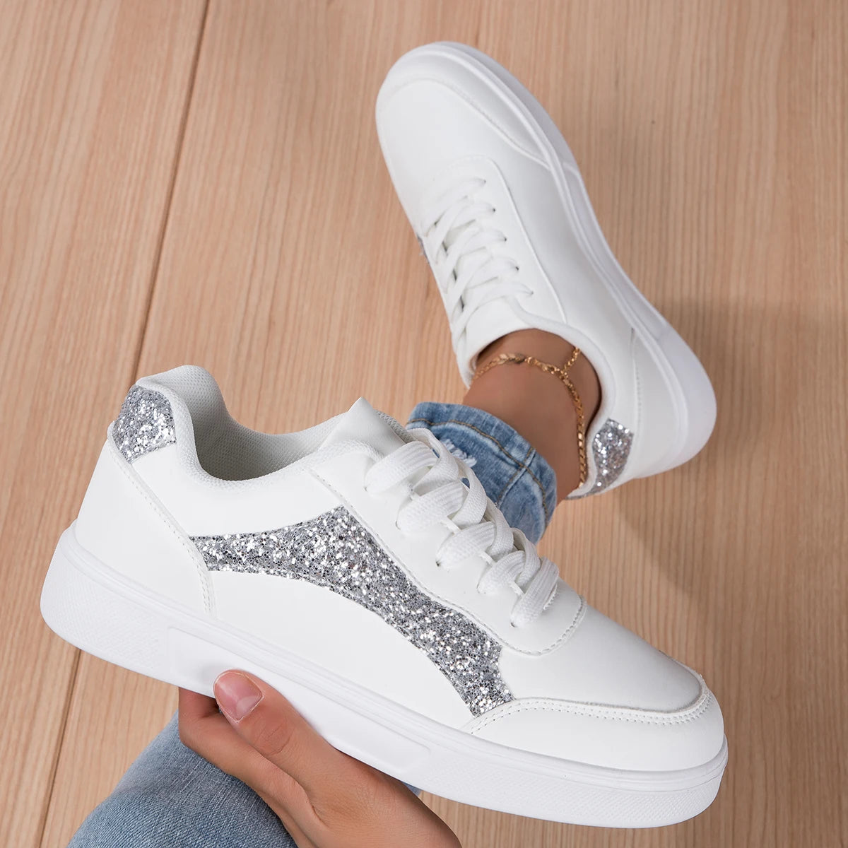 Women's White Glitter Sneakers