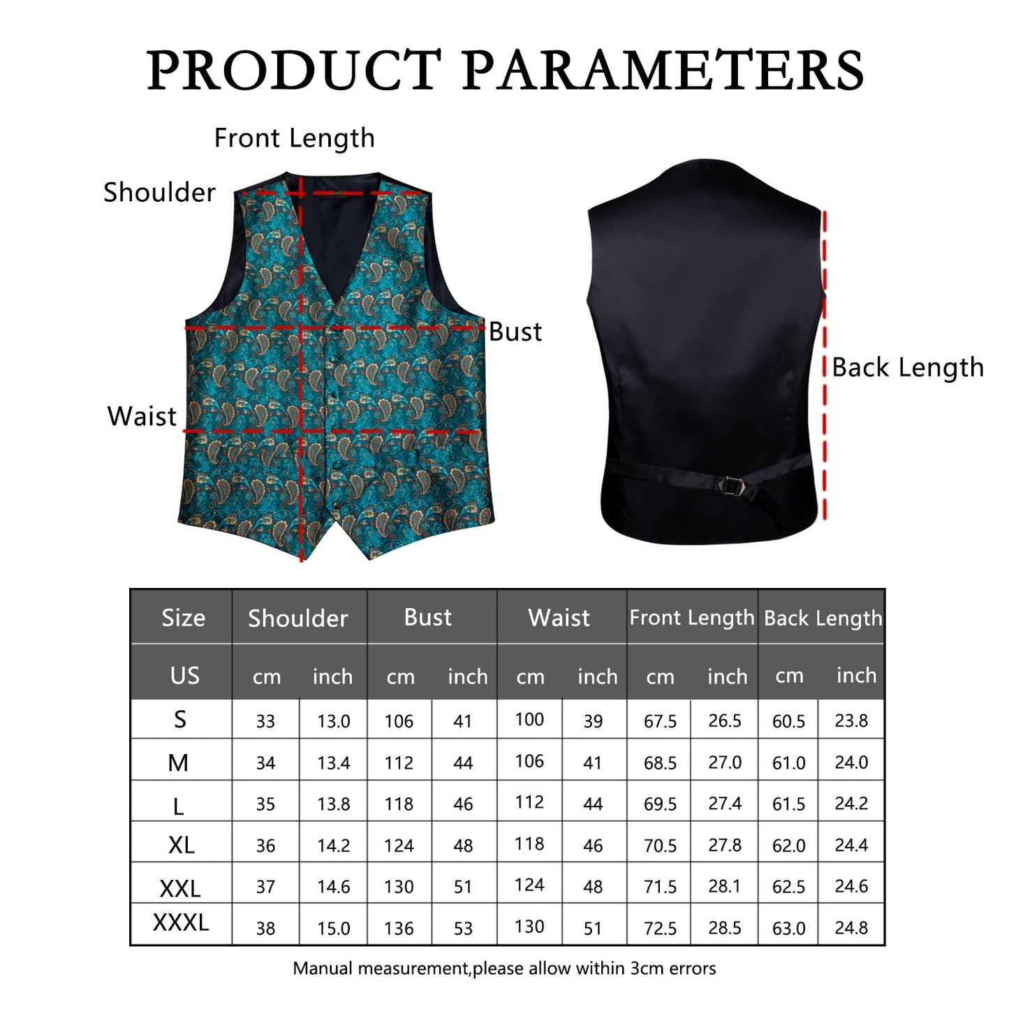 M-4XL 100% Silk Formal Set - Vest , Tie , Pocket Square, Cufflinks Set
