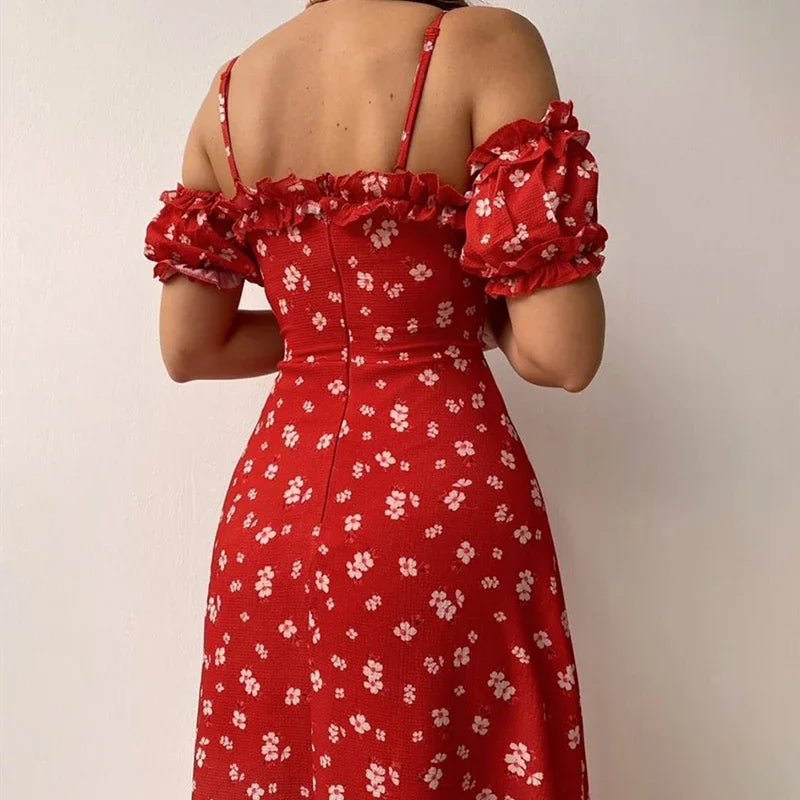 Elle Elegant Floral Off Shoulder Split Dress