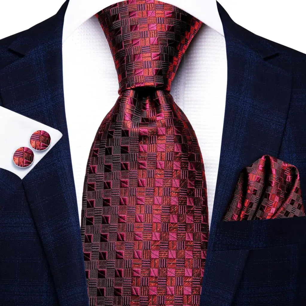 Red/ Burgundy Plaid Silk Tie Sets