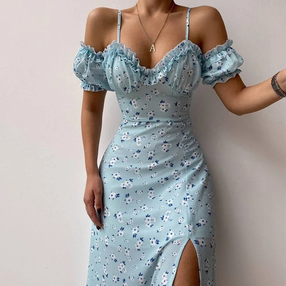 Elle Elegant Floral Off Shoulder Split Dress