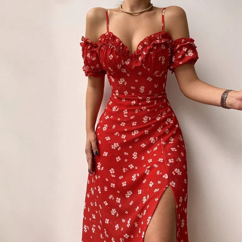 Elle Elegant Floral Off Shoulder Split Dress