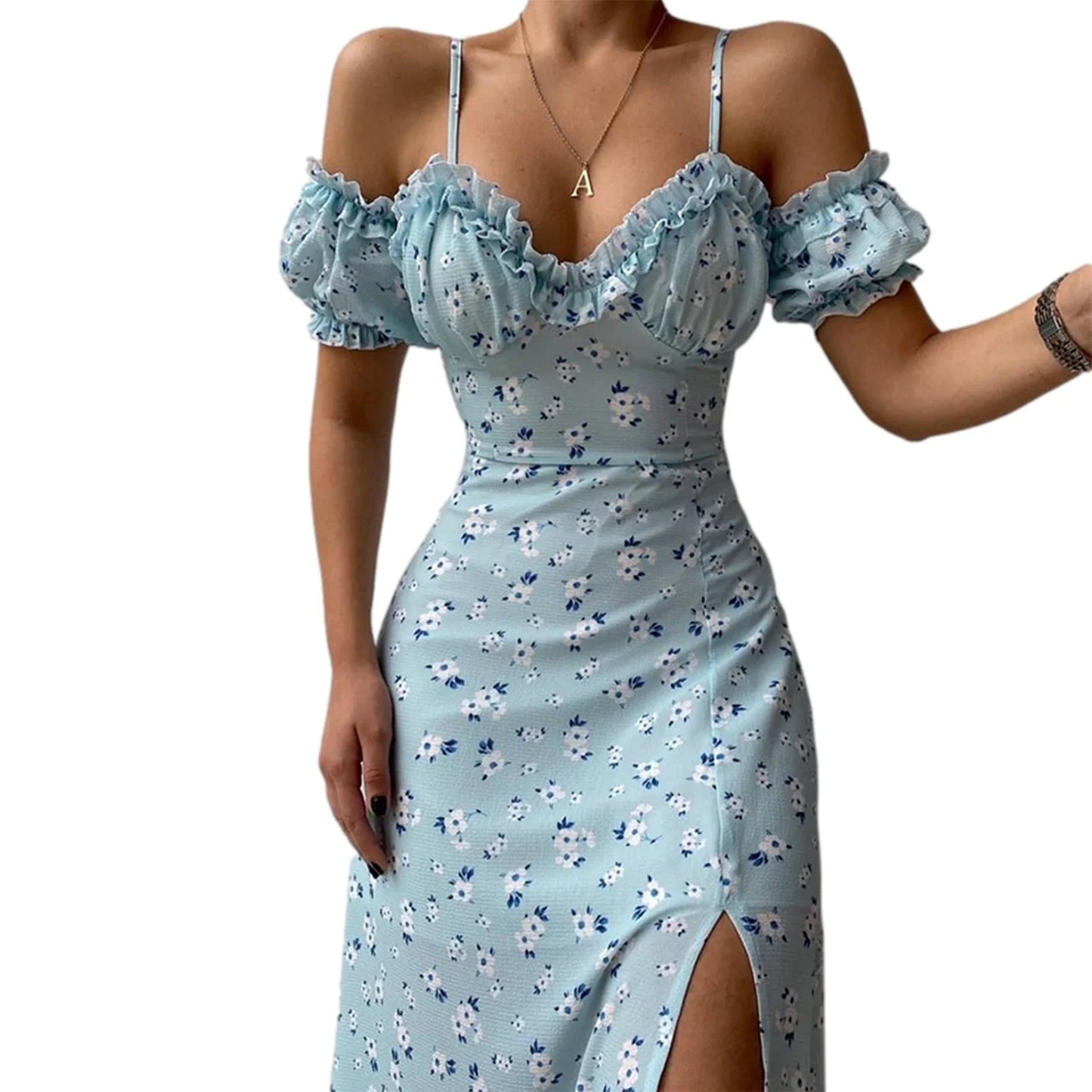 Elle Elegant Floral Off Shoulder Split Dress