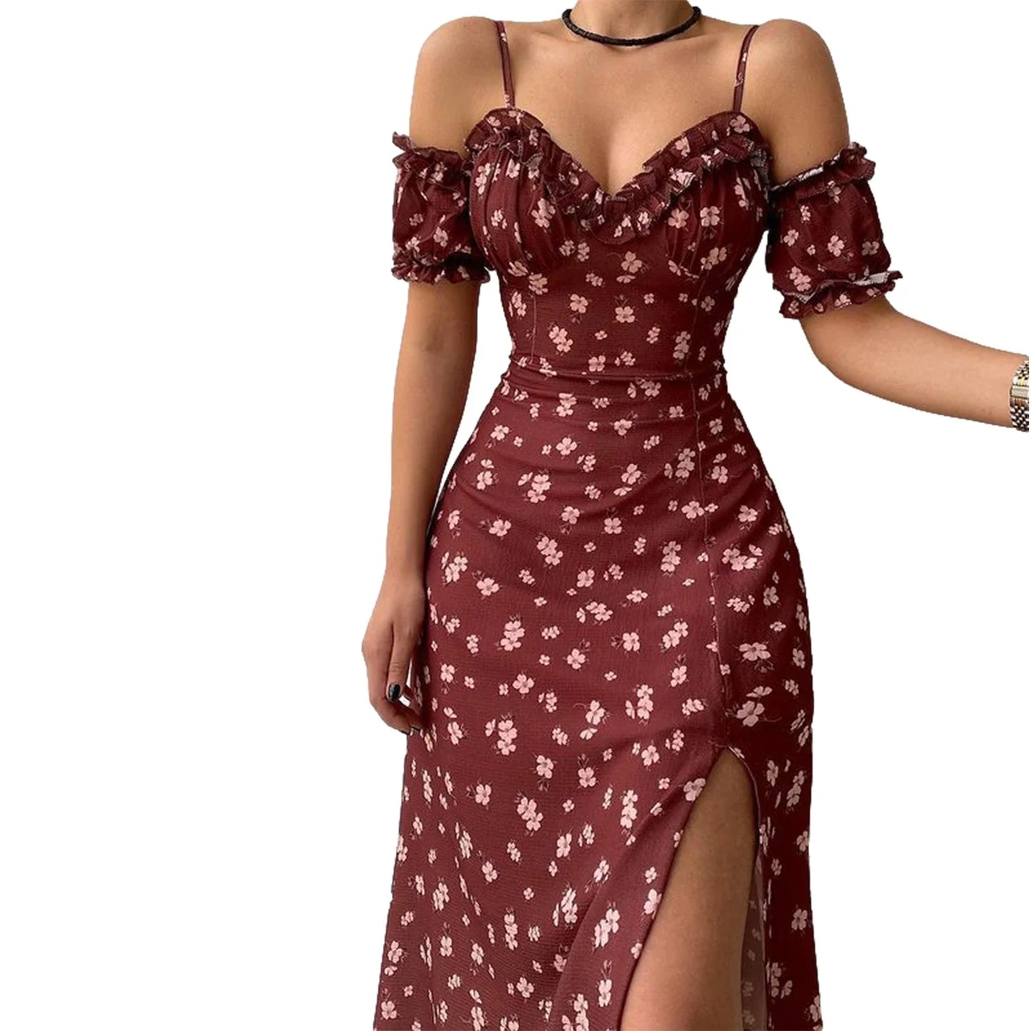 Elle Elegant Floral Off Shoulder Split Dress