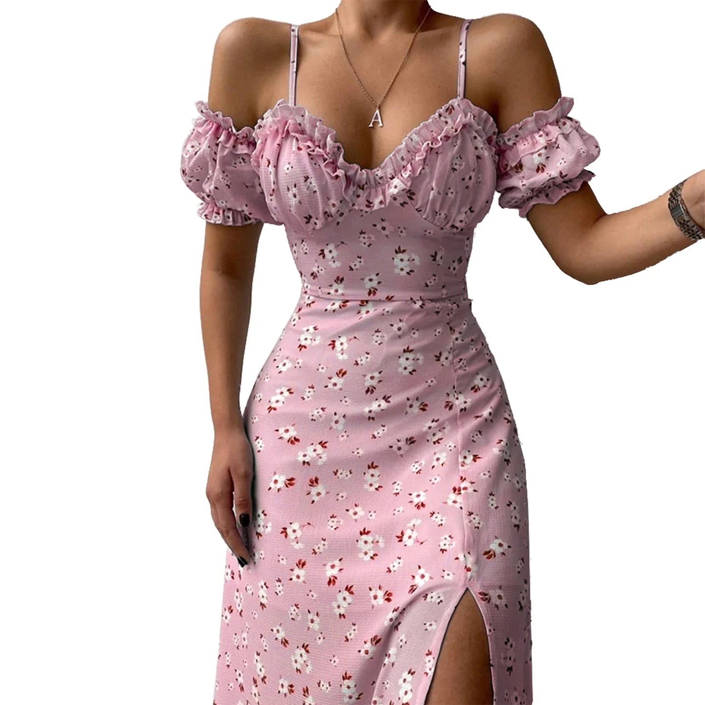Elle Elegant Floral Off Shoulder Split Dress