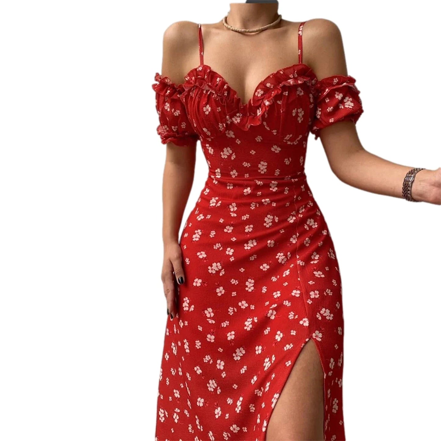 Elle Elegant Floral Off Shoulder Split Dress