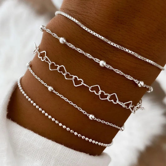 5pc Thin Heart Chain Bracelets