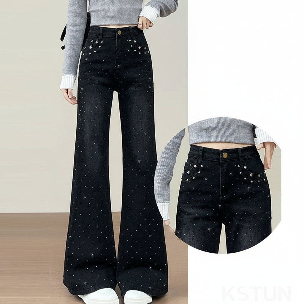 Flared Studded Diamond Stretch Jeans