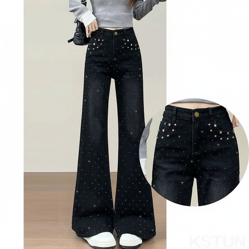 Flared Studded Diamond Stretch Jeans