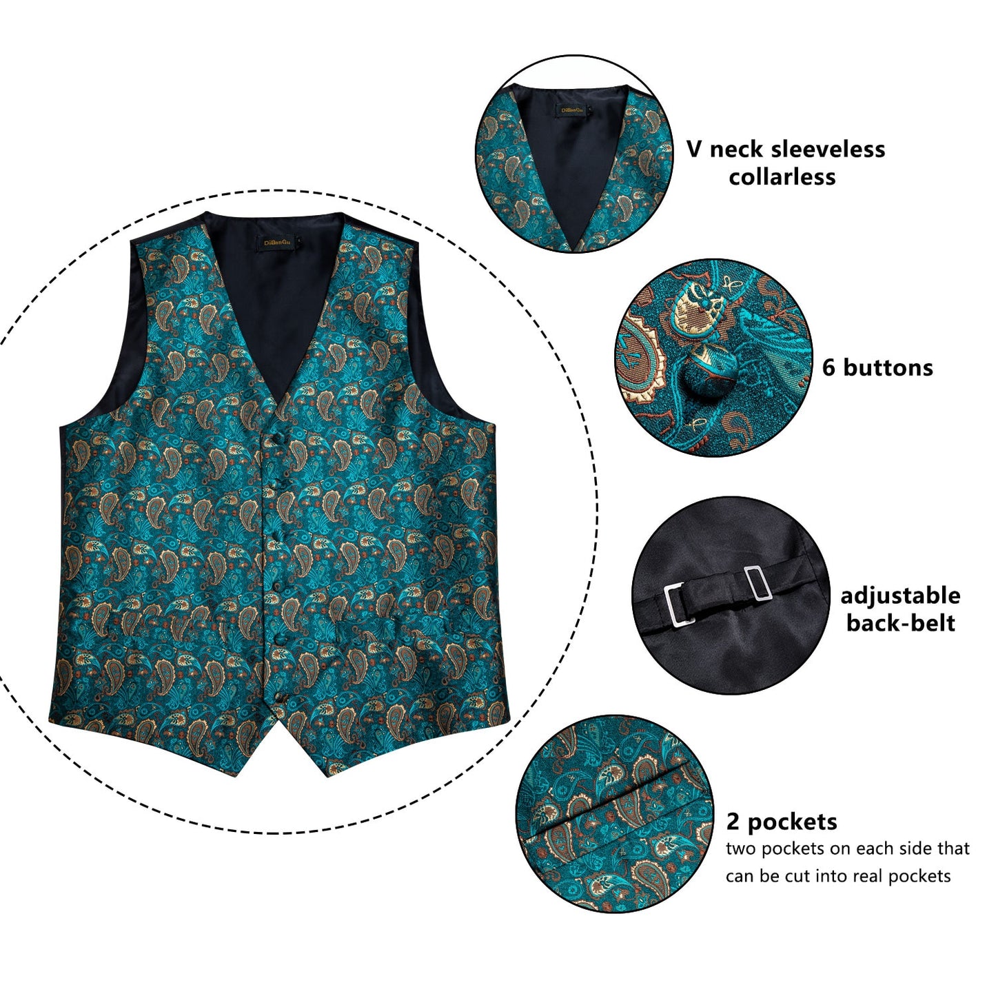 M-4XL 100% Silk Formal Set - Vest , Tie , Pocket Square, Cufflinks Set