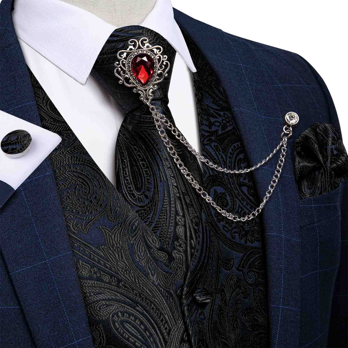 M-4XL 100% Silk Formal Set - Vest , Tie , Pocket Square, Cufflinks Set