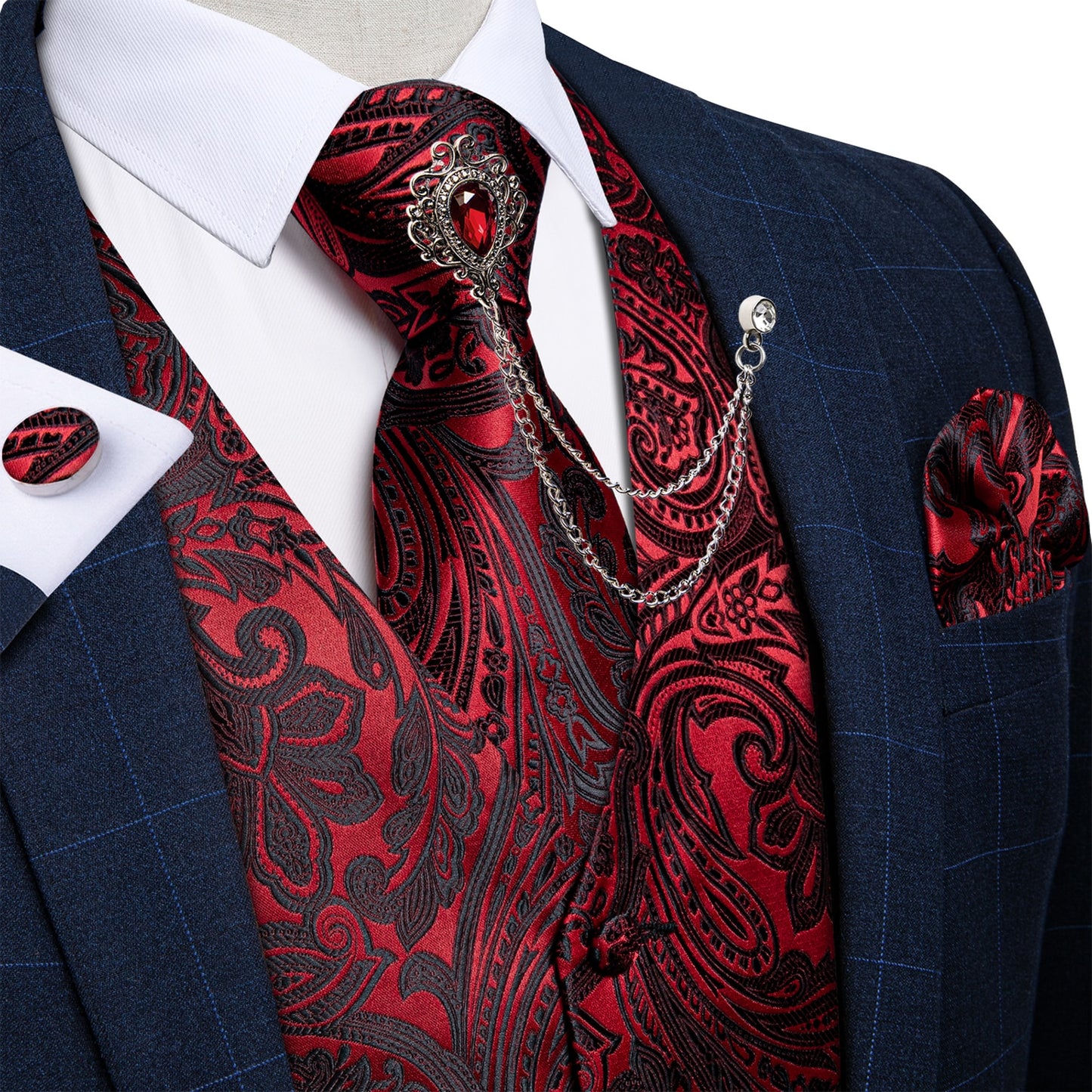 M-4XL 100% Silk Formal Set - Vest , Tie , Pocket Square, Cufflinks Set