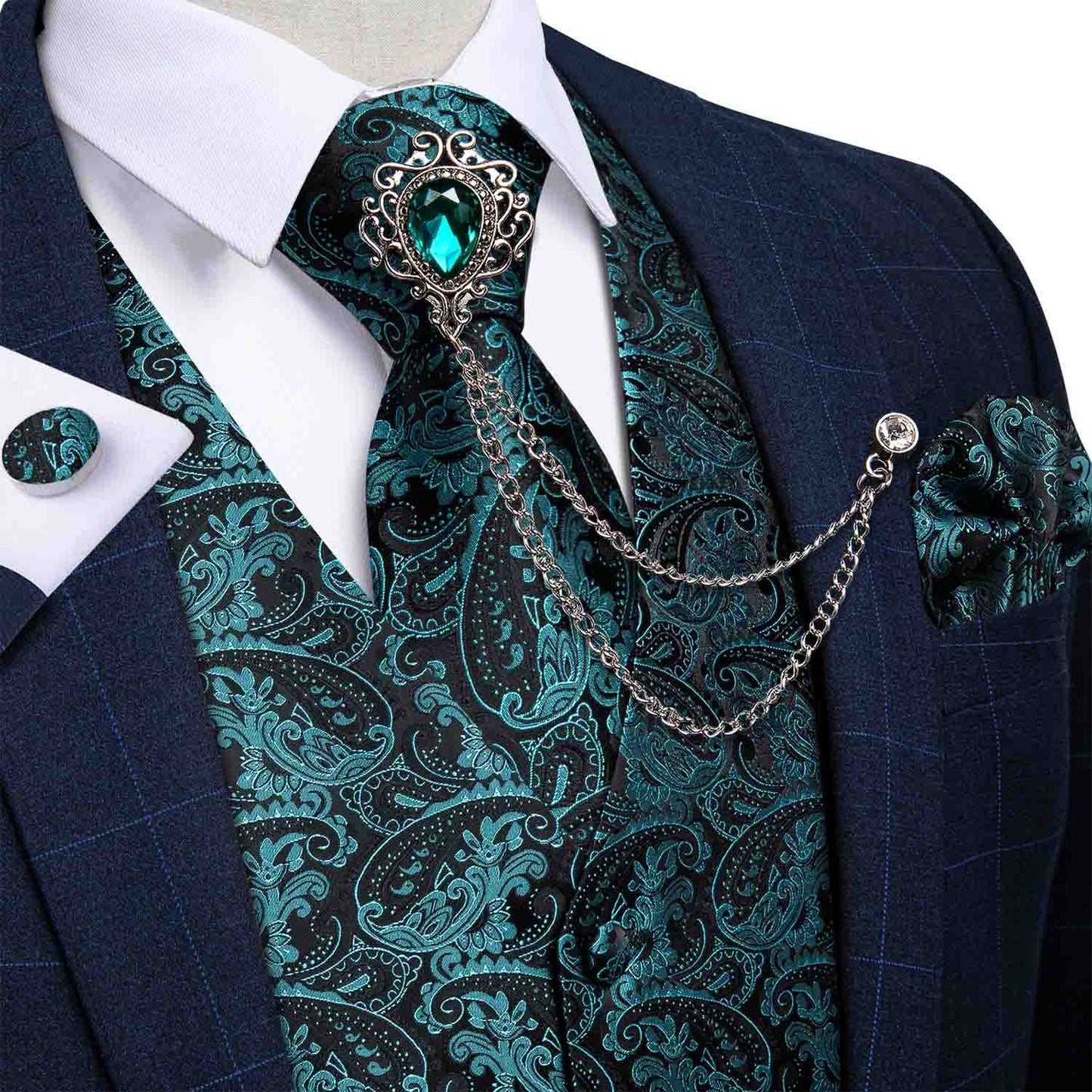 M-4XL 100% Silk Formal Set - Vest , Tie , Pocket Square, Cufflinks Set