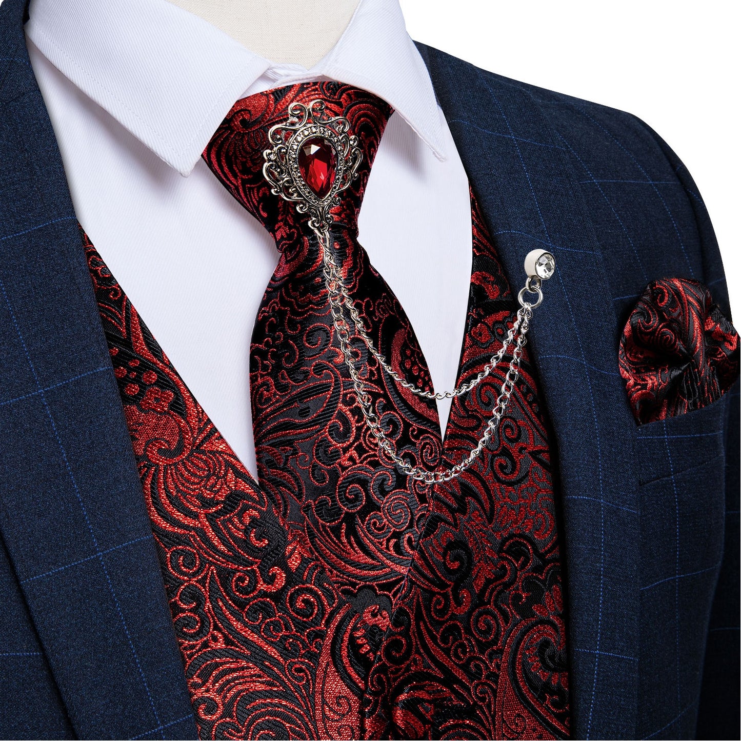 M-4XL 100% Silk Formal Set - Vest , Tie , Pocket Square, Cufflinks Set