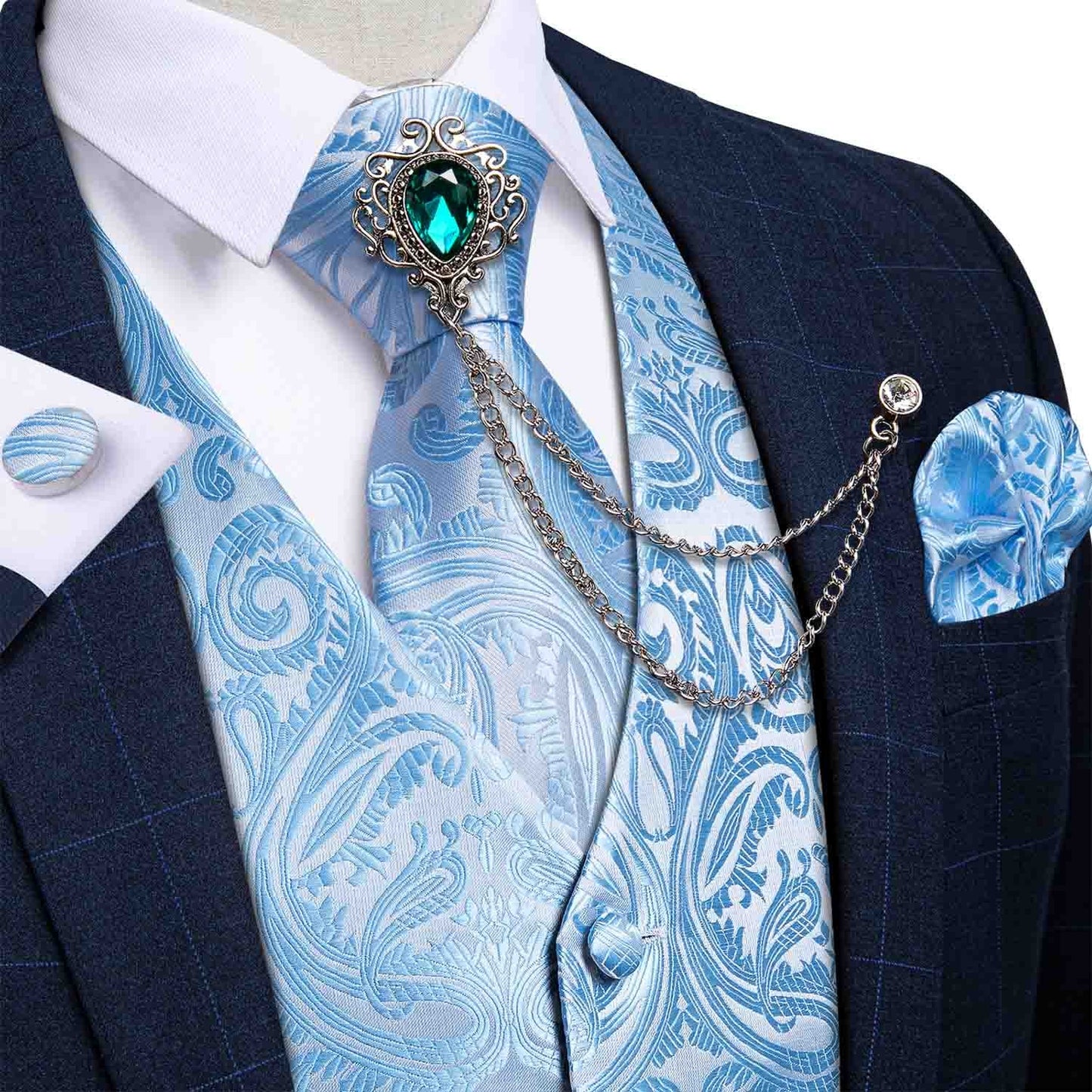 M-4XL 100% Silk Formal Set - Vest , Tie , Pocket Square, Cufflinks Set