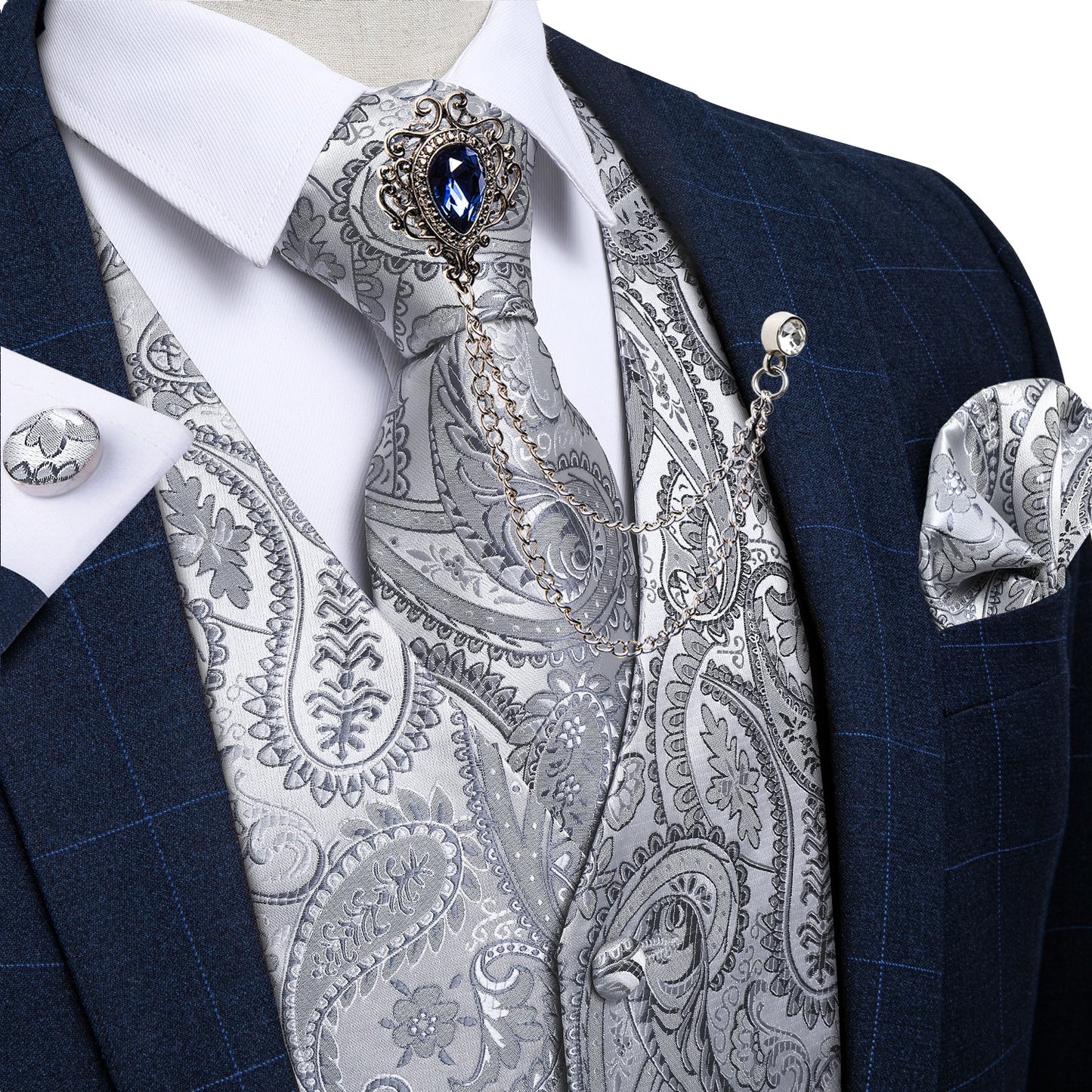 M-4XL 100% Silk Formal Set - Vest , Tie , Pocket Square, Cufflinks Set