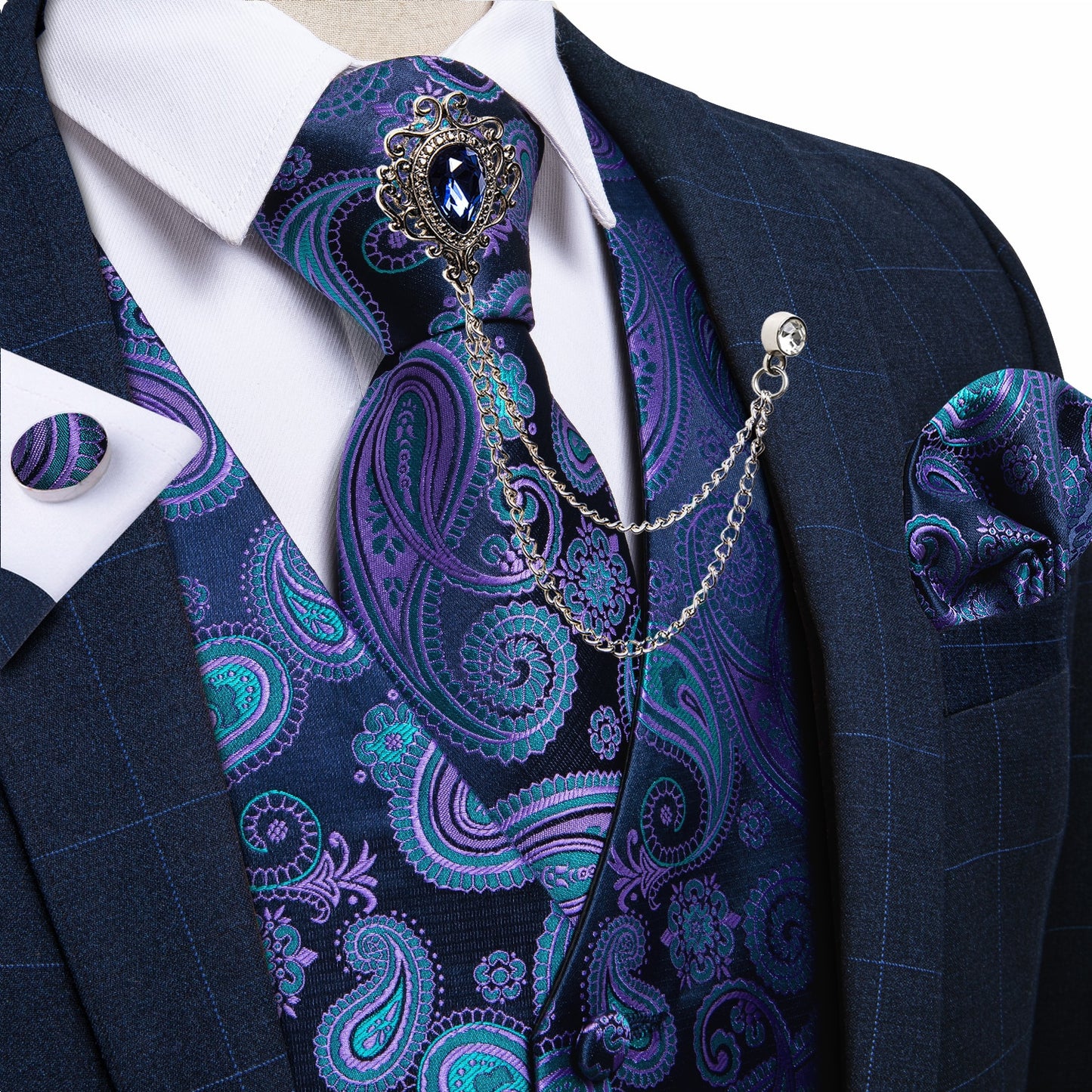 M-4XL 100% Silk Formal Set - Vest , Tie , Pocket Square, Cufflinks Set