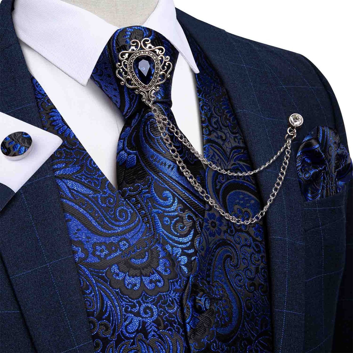 M-4XL 100% Silk Formal Set - Vest , Tie , Pocket Square, Cufflinks Set