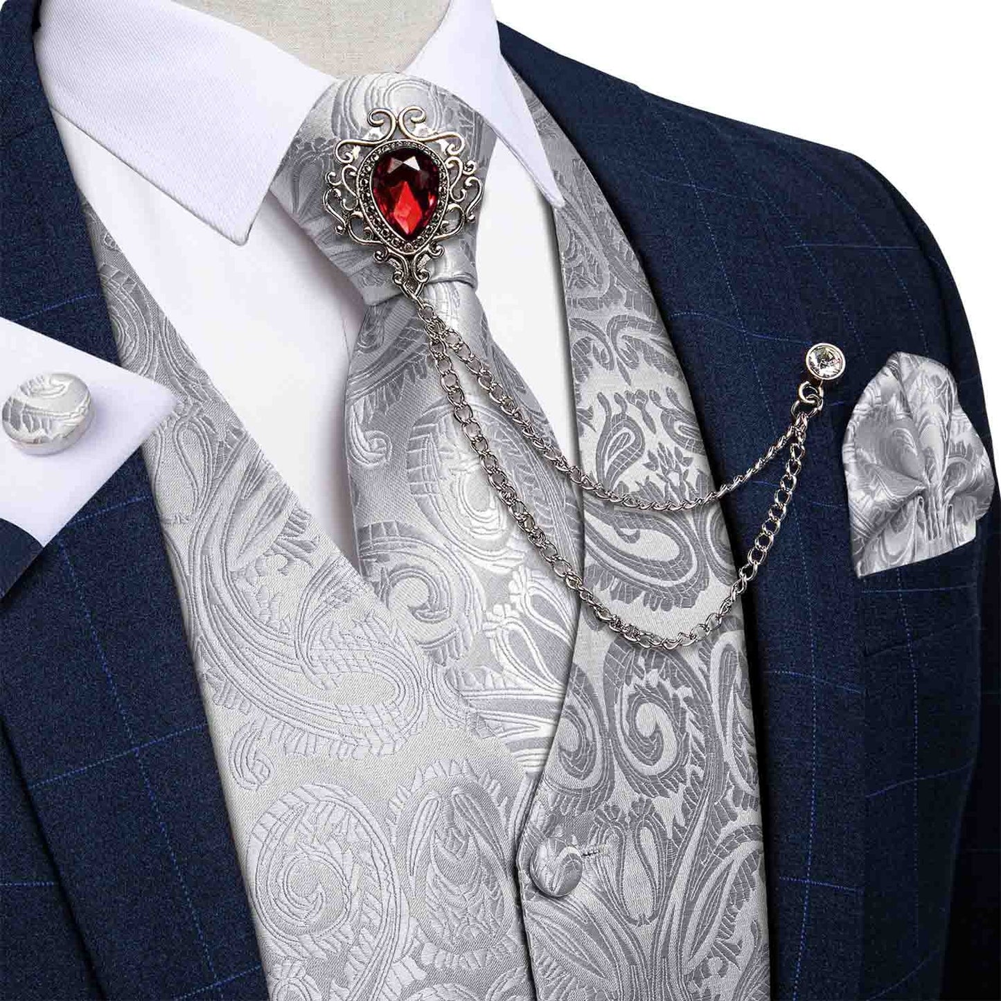 M-4XL 100% Silk Formal Set - Vest , Tie , Pocket Square, Cufflinks Set