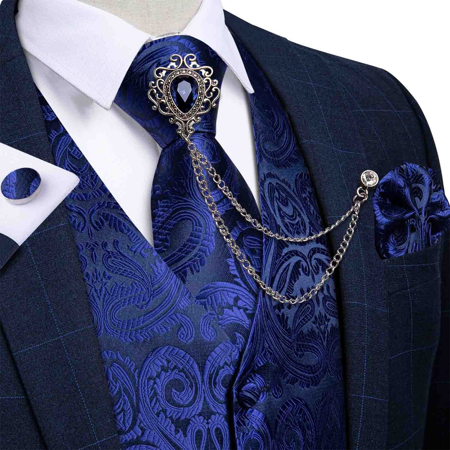 M-4XL 100% Silk Formal Set - Vest , Tie , Pocket Square, Cufflinks Set
