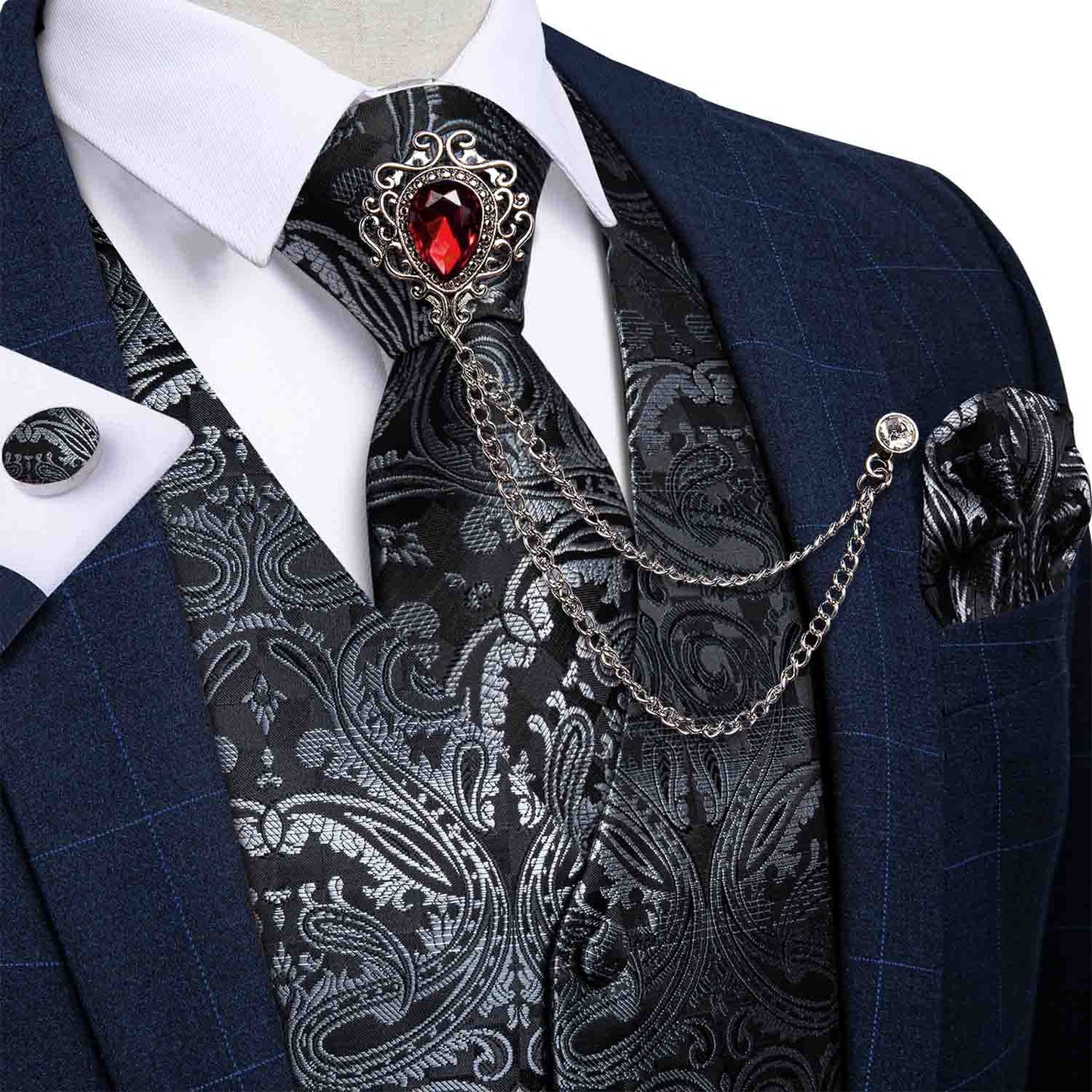 M-4XL 100% Silk Formal Set - Vest , Tie , Pocket Square, Cufflinks Set