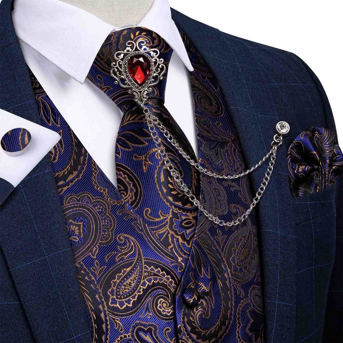 M-4XL 100% Silk Formal Set - Vest , Tie , Pocket Square, Cufflinks Set