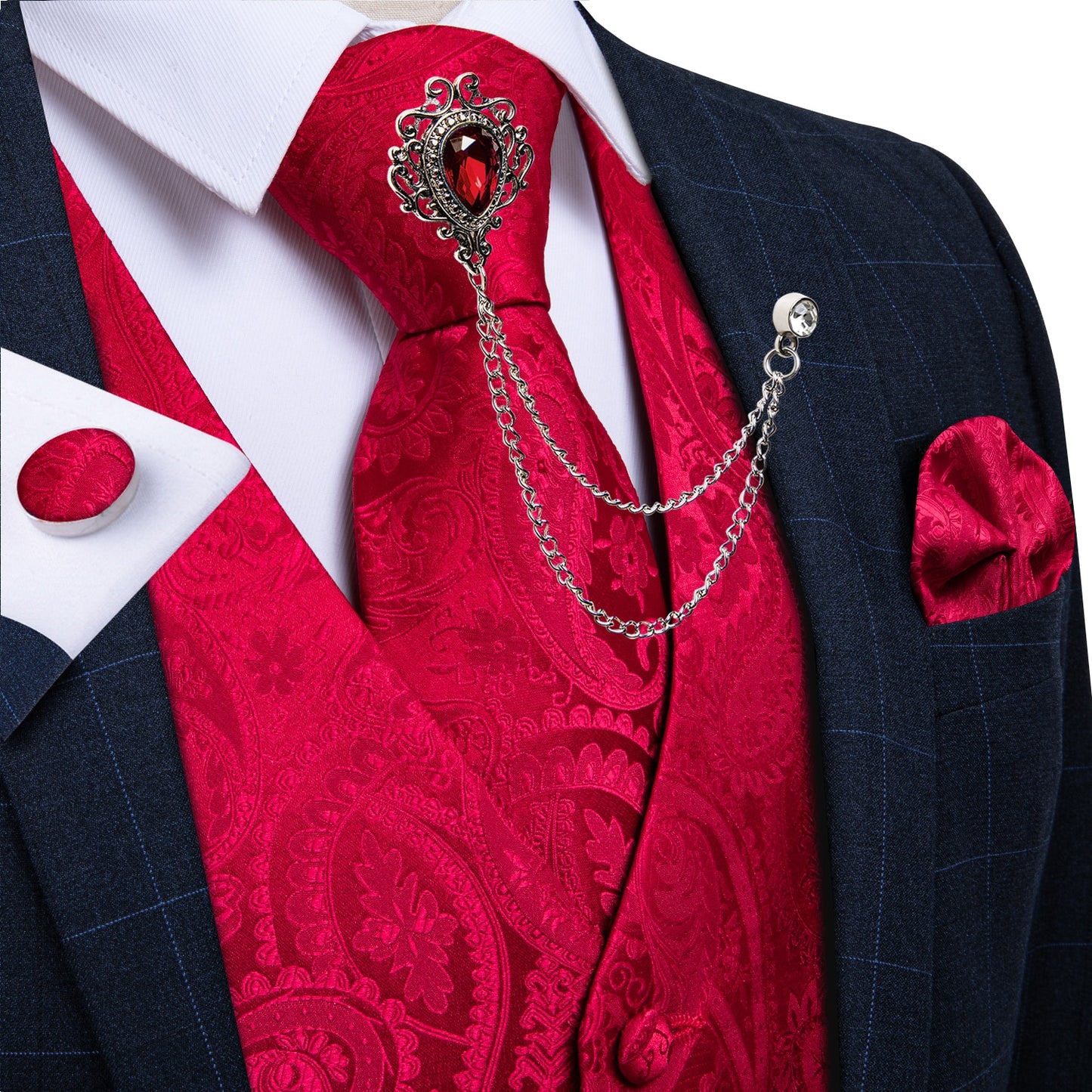 M-4XL 100% Silk Formal Set - Vest , Tie , Pocket Square, Cufflinks Set