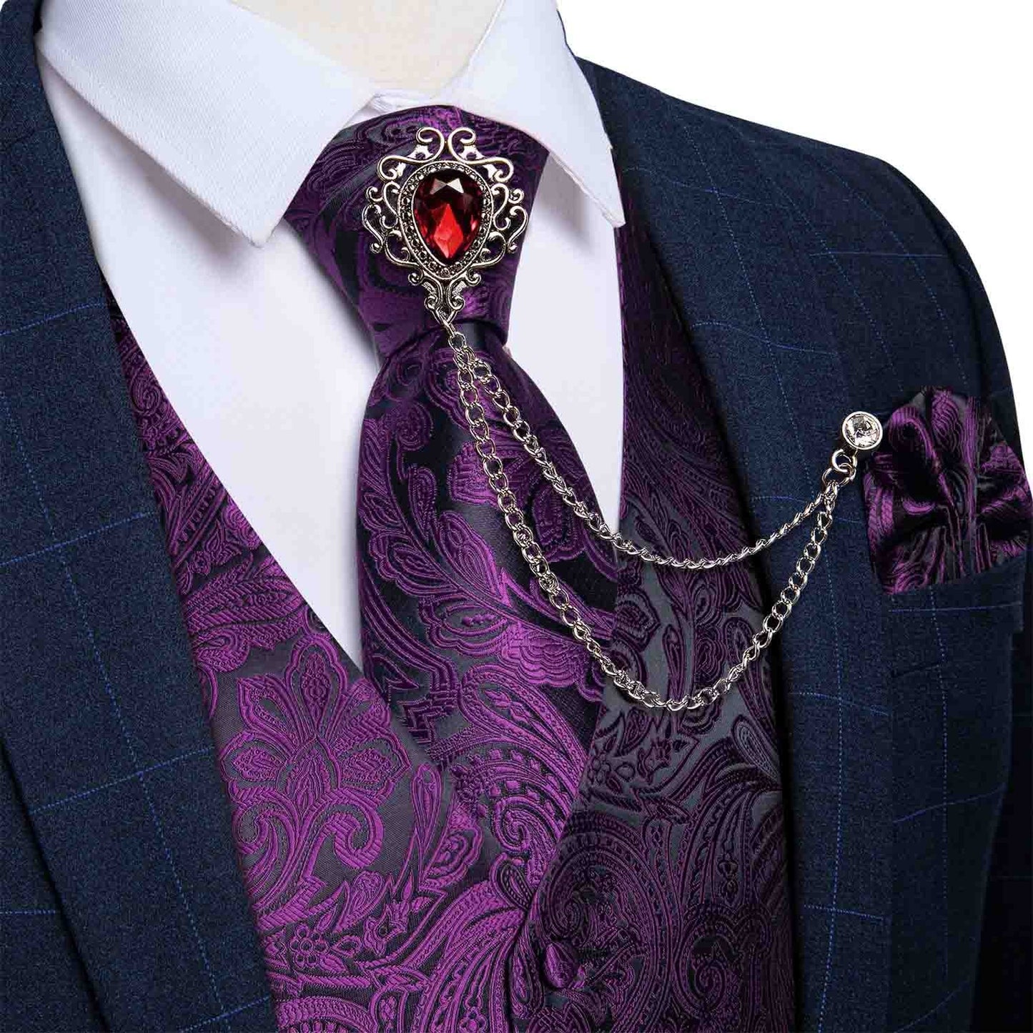M-4XL 100% Silk Formal Set - Vest , Tie , Pocket Square, Cufflinks Set