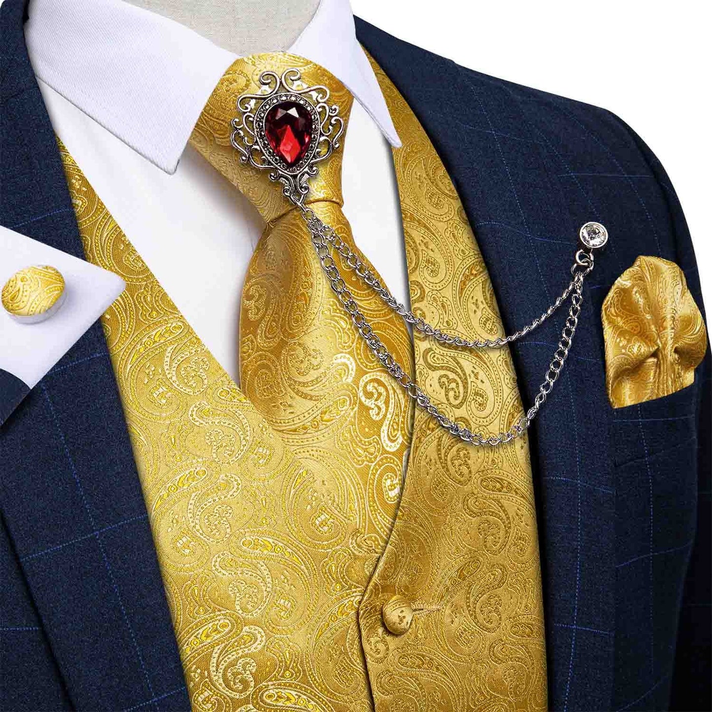 M-4XL 100% Silk Formal Set - Vest , Tie , Pocket Square, Cufflinks Set