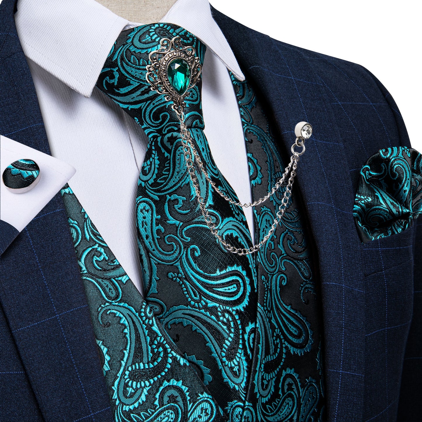 M-4XL 100% Silk Formal Set - Vest , Tie , Pocket Square, Cufflinks Set