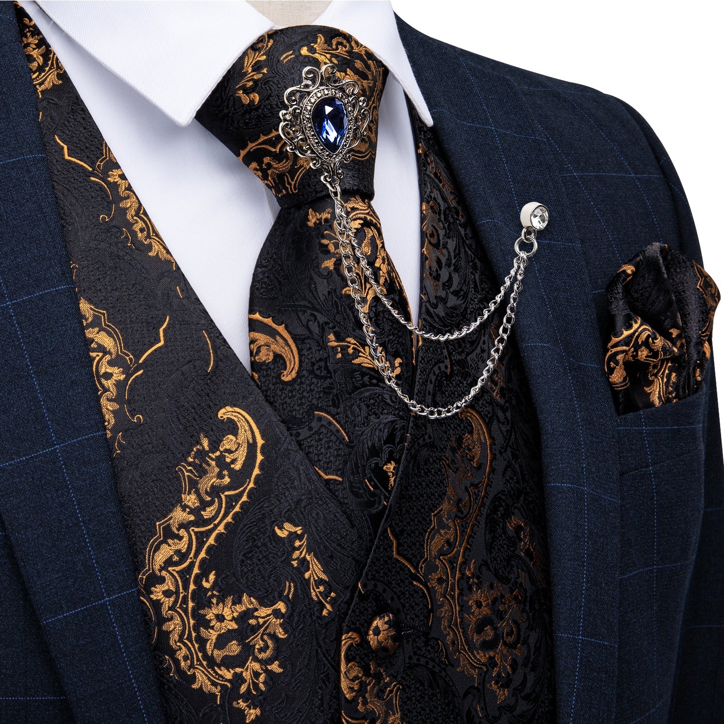 M-4XL 100% Silk Formal Set - Vest , Tie , Pocket Square, Cufflinks Set