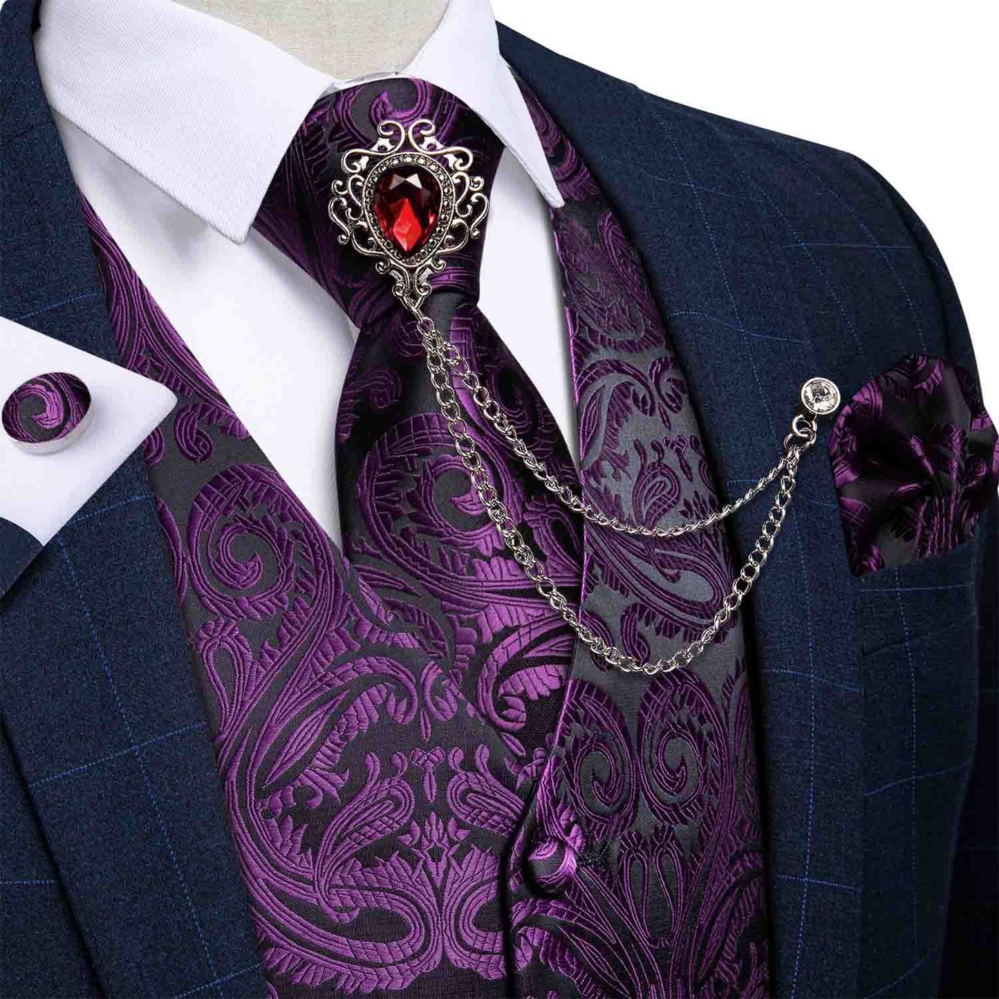 M-4XL 100% Silk Formal Set - Vest , Tie , Pocket Square, Cufflinks Set