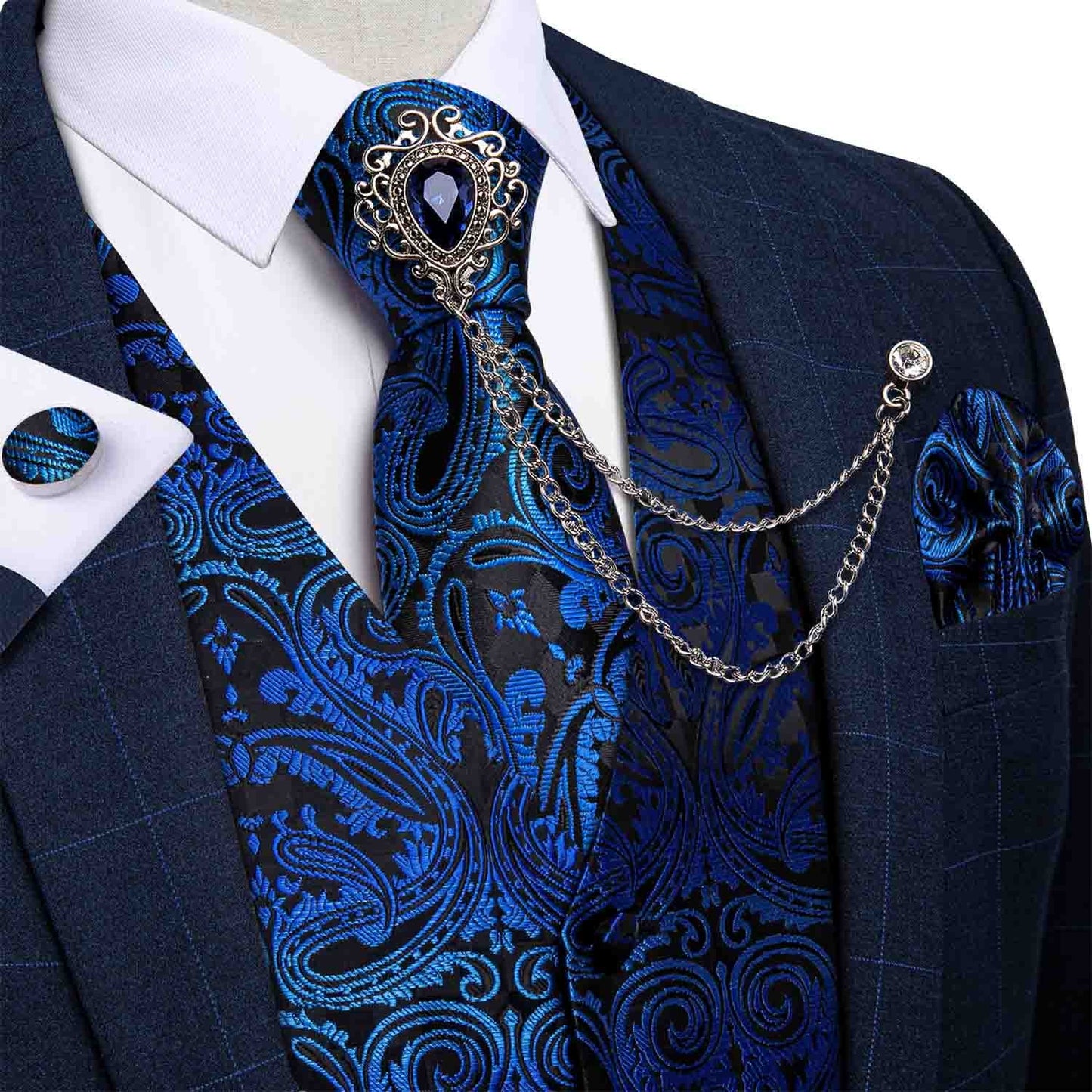 M-4XL 100% Silk Formal Set - Vest , Tie , Pocket Square, Cufflinks Set